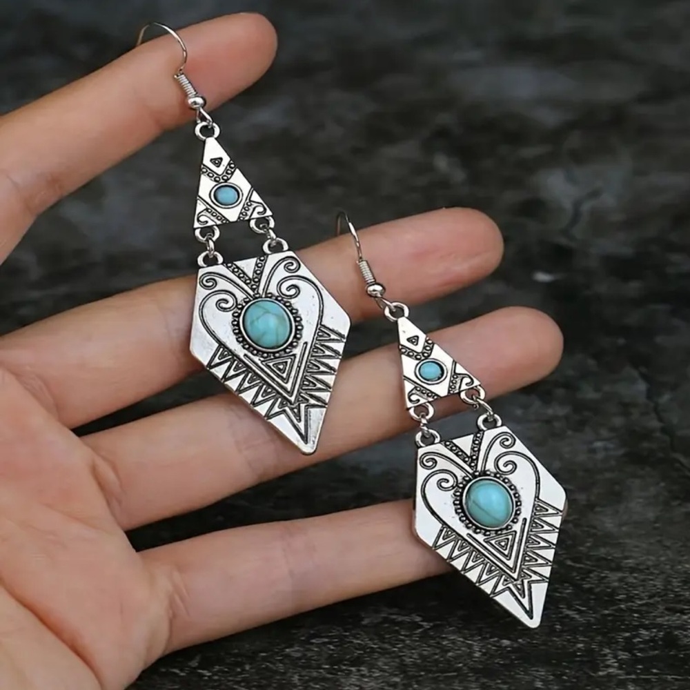 NWOT  - Boho Style Silver and Turquoise Dangle Earrings